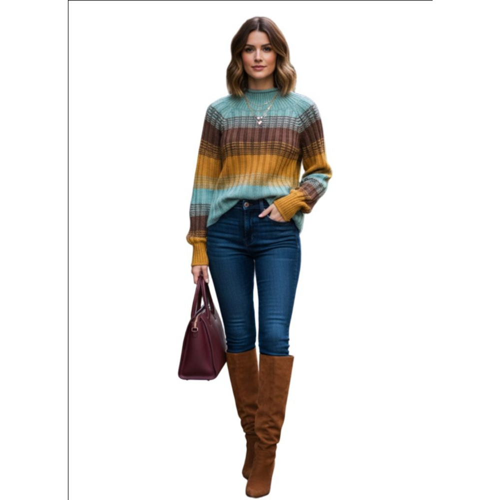 Women's BDG Teal Brown Gold Striped Mock Neck Sweater L